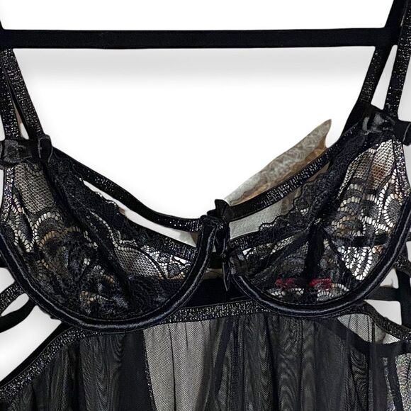 Seven 'Til Midnight (S) Sheer & Strappy Black Babydoll Lingerie - Picture 4 of 7